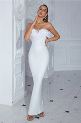Louisa Strapless Feather Bandage Maxi Dress In White - PDC